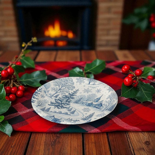 Blue Winter Village Christmas Toile  Paper Plate (Creator Uploaded)