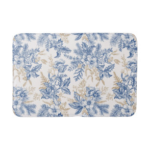 Blue Winter Vintage Flower Pattern Bath Mat