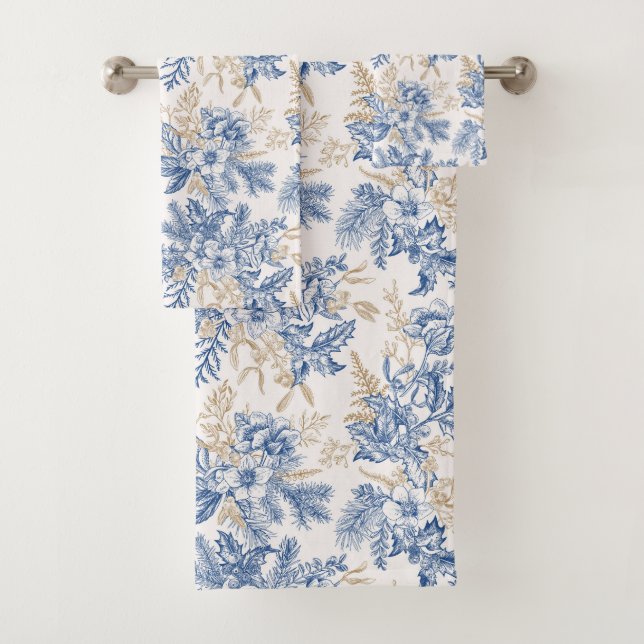 Blue Winter Vintage Flower Pattern Bath Towel Set (Insitu)