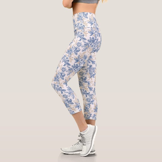 Blue Winter Vintage Flower Pattern Capri Leggings (Left)