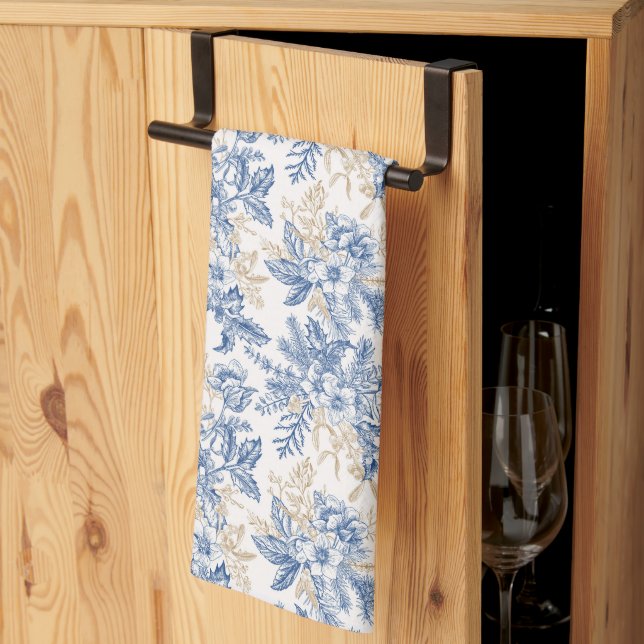 Blue Winter Vintage Flower Pattern Kitchen Towel (Thirds Fold)