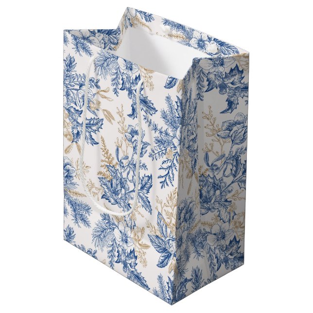 Blue Winter Vintage Flower Pattern Medium Gift Bag (Front Angled)