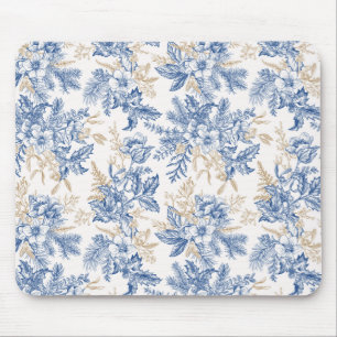 Blue Winter Vintage Flower Pattern Mouse Pad