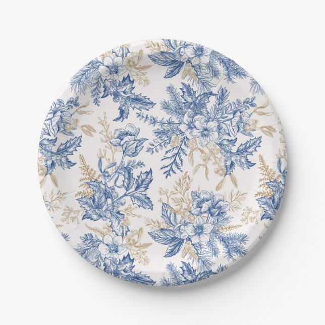 Blue Winter Vintage Flower Pattern Paper Plate (Front)
