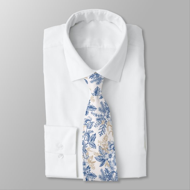 Blue Winter Vintage Flower Pattern Tie (Tied)