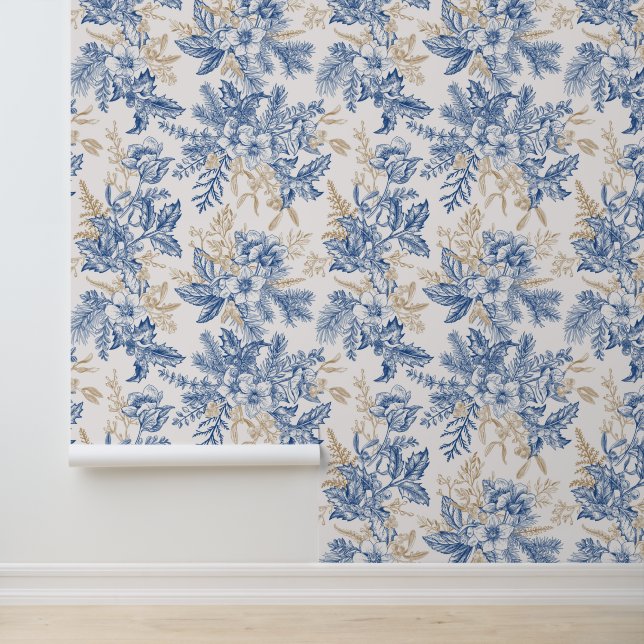 Blue Winter Vintage Flower Pattern Wallpaper (Application)