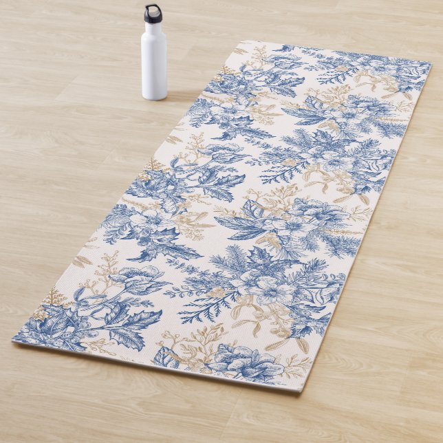 Blue Winter Vintage Flower Pattern Yoga Mat (In Situ)