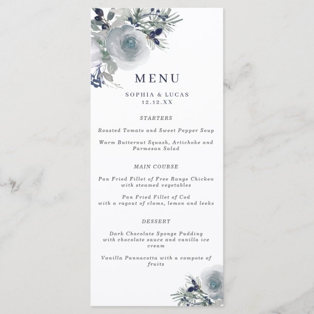 Blue Winter Watercolor Flowers Wedding Menu (Front)