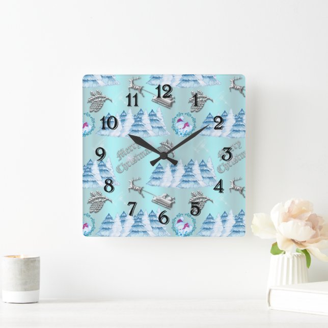 Blue Winter Wonderland Christmas Square Wall Clock (Home)