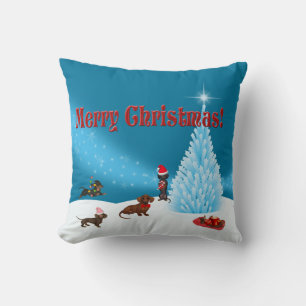 Blue Winter Wonderland Dachshund Coussin de Noël