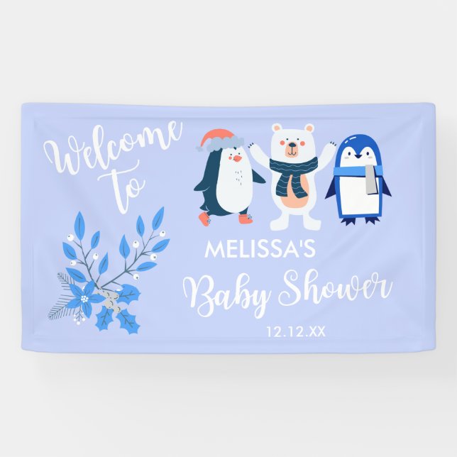 Blue winter wonderland penguin polar bear welcome banner (Horizontal)
