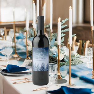 Blue Winter Wonderland Pine Christmas Wedding Wine Label