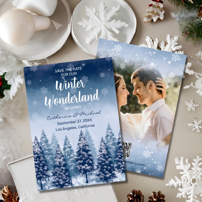 Blue Winter Wonderland Pine Tree Forest Christmas  Save The Date (Creator Uploaded)