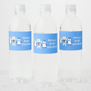 Blue Winter wonderland polar bear penguins Water Bottle Label