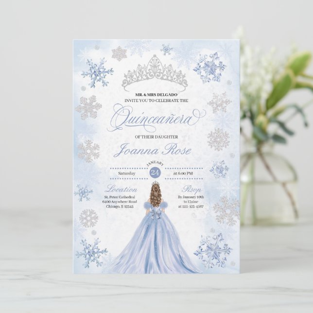 Blue Winter Wonderland Snowflake Quinceanera Invitation (Standing Front)