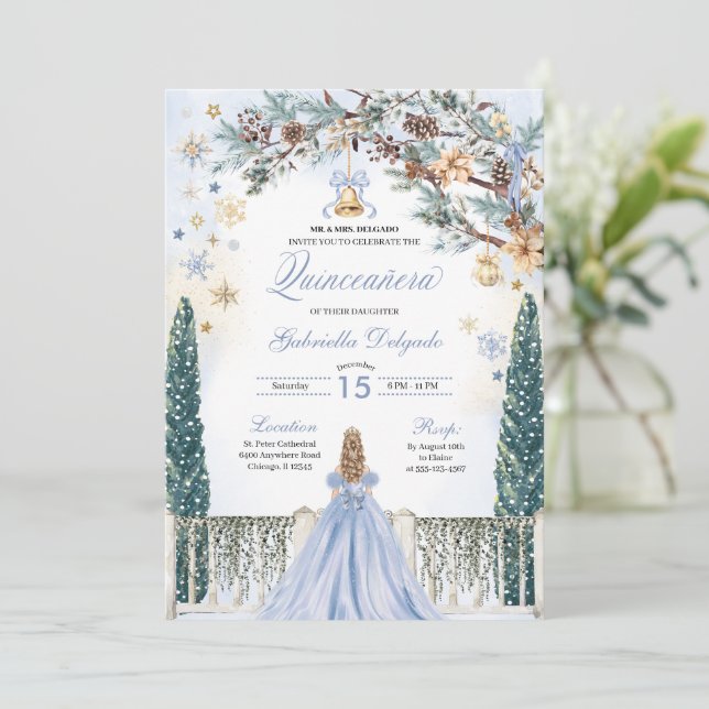 Blue Winter Wonderland Snowflake Quinceanera Invitation (Standing Front)