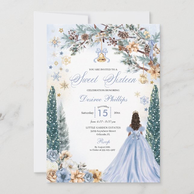 Blue Winter Wonderland Snowflake Sweet Sixteen Invitation (Front)