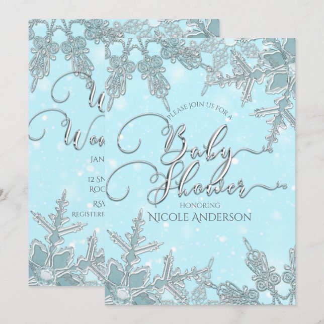 Blue Winter Wonderland Snowflakes Baby Shower Invitation (Front/Back)