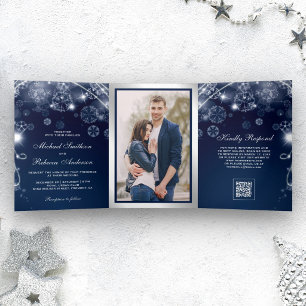 Blue Winter Wonderland Snowflakes QR Code Wedding Tri-Fold Invitation