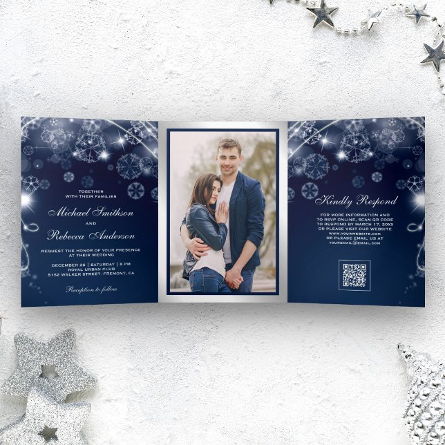 Blue Winter Wonderland Snowflakes QR Code Wedding Tri-Fold Invitation (Creator Uploaded)