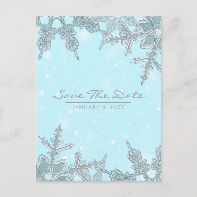 Blue Winter Wonderland Snowflakes Save the Date Announcement Postcard (Front)