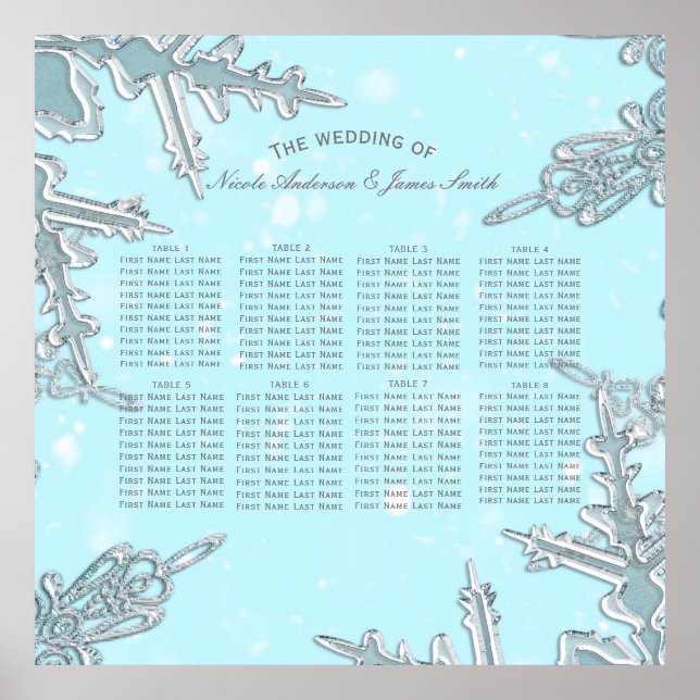 Blue Winter Wonderland Snowflakes Wedding Seating Poster (Front)