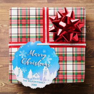 Blue Winter Wonderland White Snowy House Holiday Ornament Card