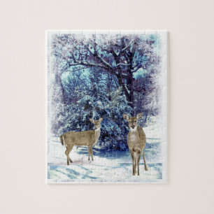 Blue Winter Wonderland with Doe Deer Jigsaw Puzzle