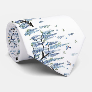 Blue Wisteria & Songbird Watercolor White Men's  Tie