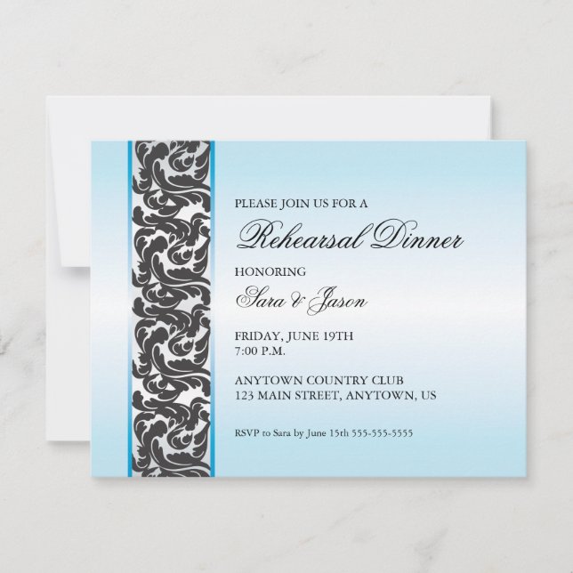 Blue with Black Swirly Ribbon Rehearsal Dinner Invitation (Front)