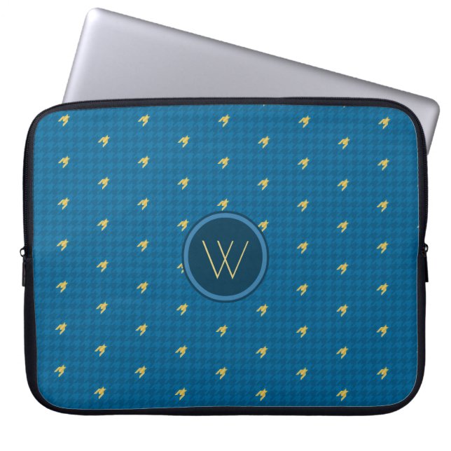 Blue with Gold Accent Houndstooth Laptop Sleeve (Front)