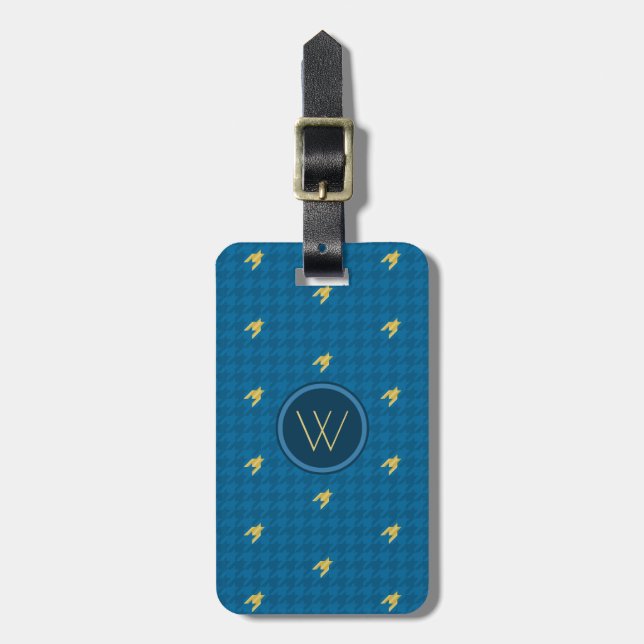 Blue with Gold Accent Houndstooth Luggage Tag (Front Vertical)