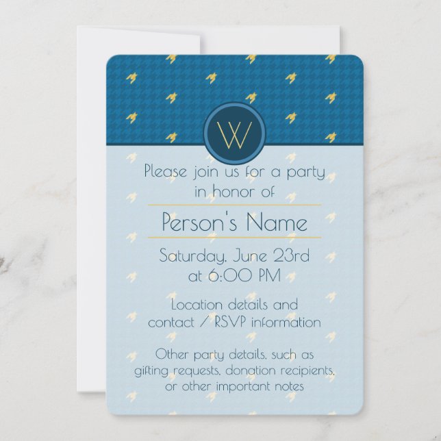 Blue with Gold Accent Houndstooth Party Invitation (Front)