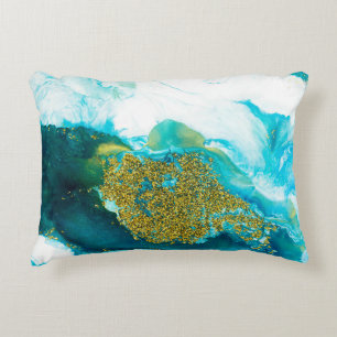 Blue with gold glitter fluid art, creative abstrac accent pillow