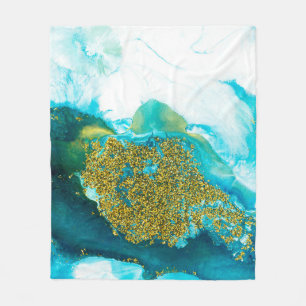 Blue with gold glitter fluid art, creative abstrac fleece blanket