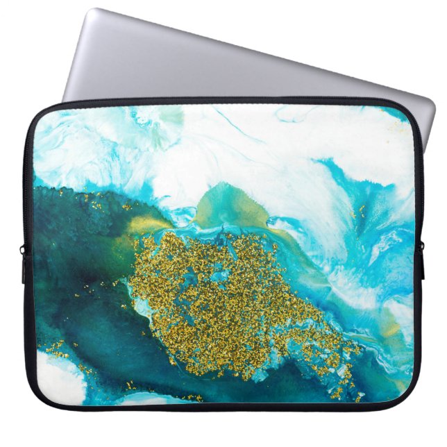 Blue with gold glitter fluid art, creative abstrac laptop sleeve (Front)