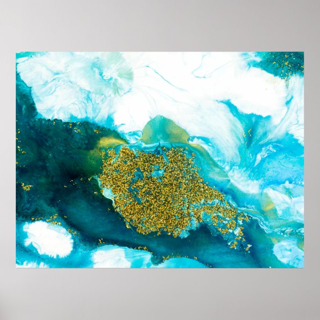 Blue with gold glitter fluid art, creative abstrac poster (Front)