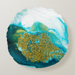 Blue with gold glitter fluid art, creative abstrac round pillow