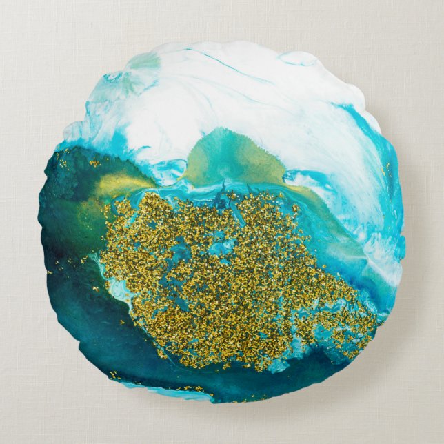 Blue with gold glitter fluid art, creative abstrac round pillow (Front)