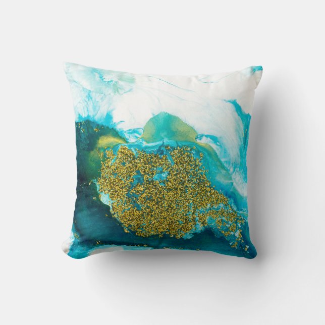 Blue with gold glitter fluid art, creative abstrac throw pillow (Front)