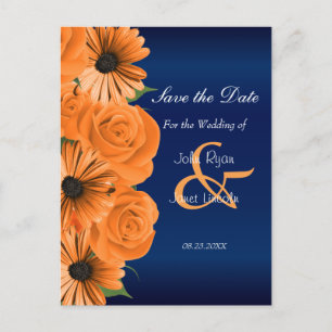 Blue with Orange Rose & Daisy - Save The Date Announcement Postcard