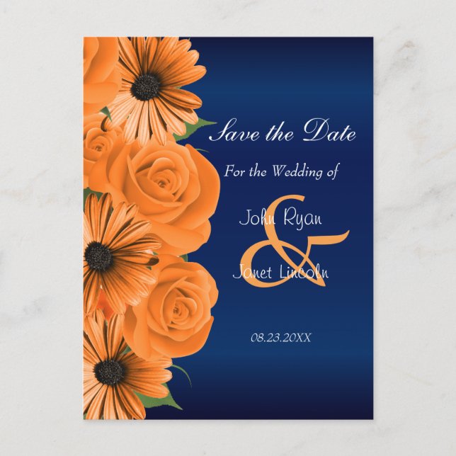Blue with Orange Rose & Daisy - Save The Date Announcement Postcard (Front)