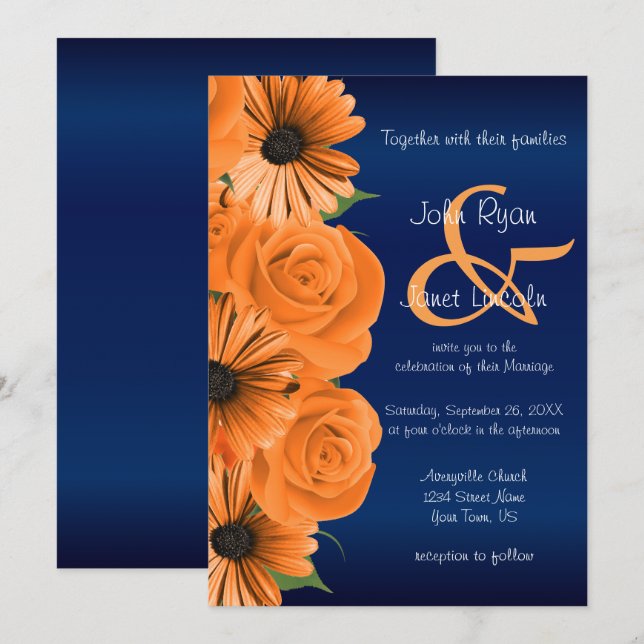 Blue with Orange Rose & Daisy Wedding Invitations (Front/Back)