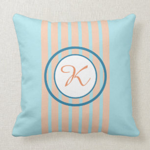 Blue With Peach Stripes And Circle Monogram Throw Pillow