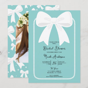 Blue With Pearls White Bows Coquette Bridal Shower Invitation