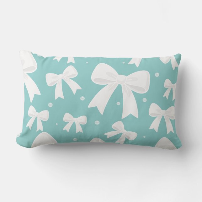 Blue With Pearls & White Bows Coquette  Lumbar Pillow (Front)