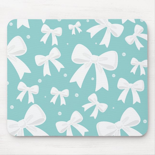 Blue With Pearls & White Bows Coquette  Mouse Pad (Front)