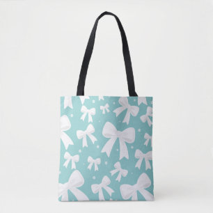 Blue With Pearls & White Bows Coquette Tote Bag