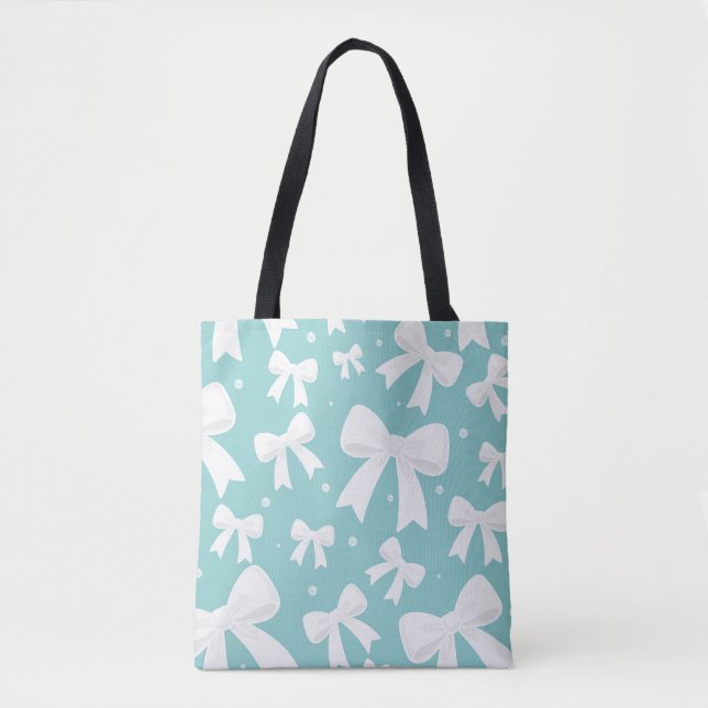 Blue With Pearls & White Bows Coquette  Tote Bag (Front)