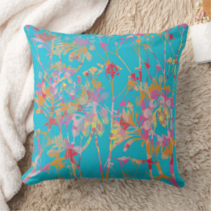 Blue with Psychedelic Flowers Throw Pillow
